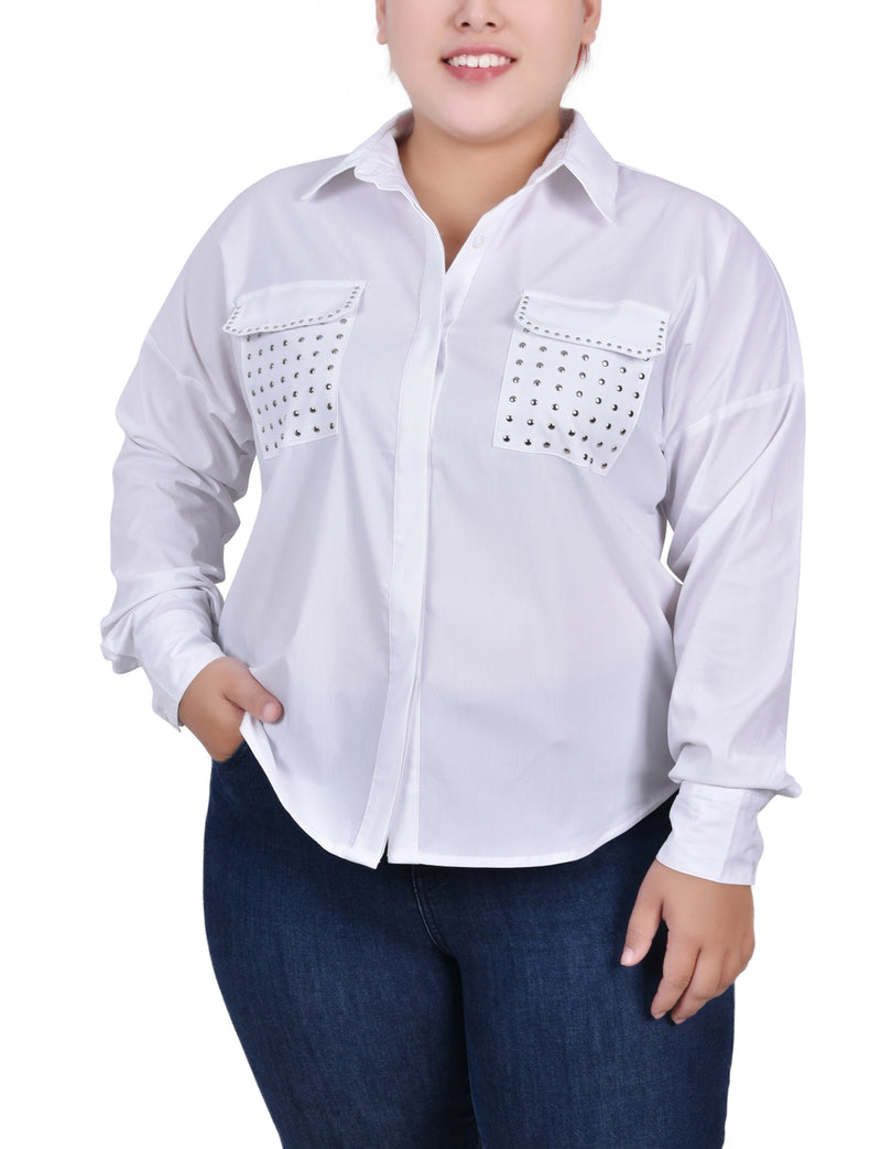 Plus Size Long Sleeve Hidden Placket Blouse With Studs