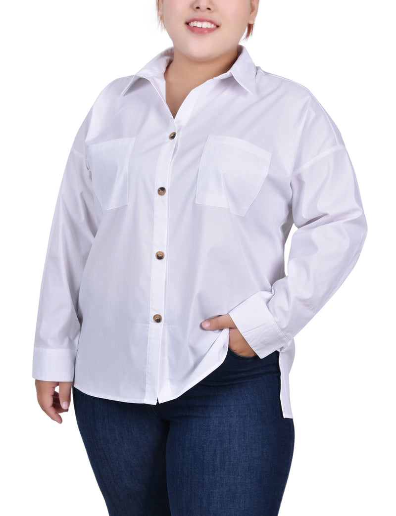 Plus Size Long Sleeve Blouse With Chest Pockets