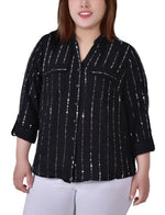 Plus Size 3/4 Sleeve Roll Tab Blouse With Metallic Details