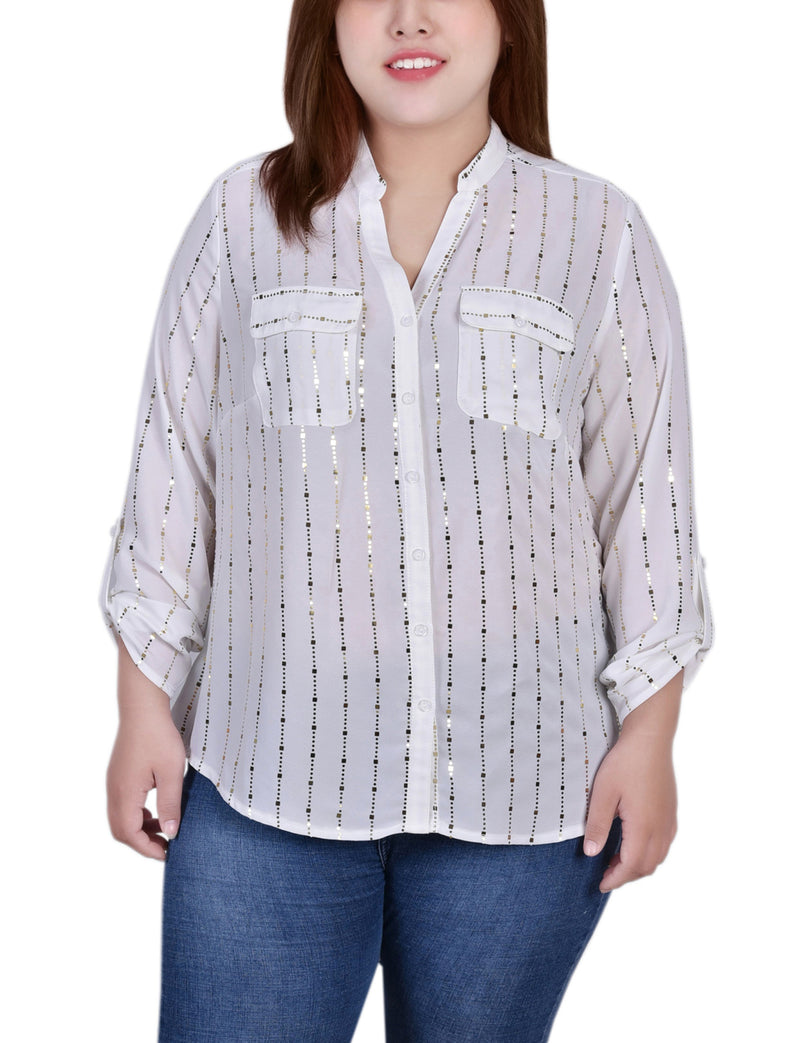 Plus Size 3/4 Sleeve Roll Tab Blouse With Metallic Details