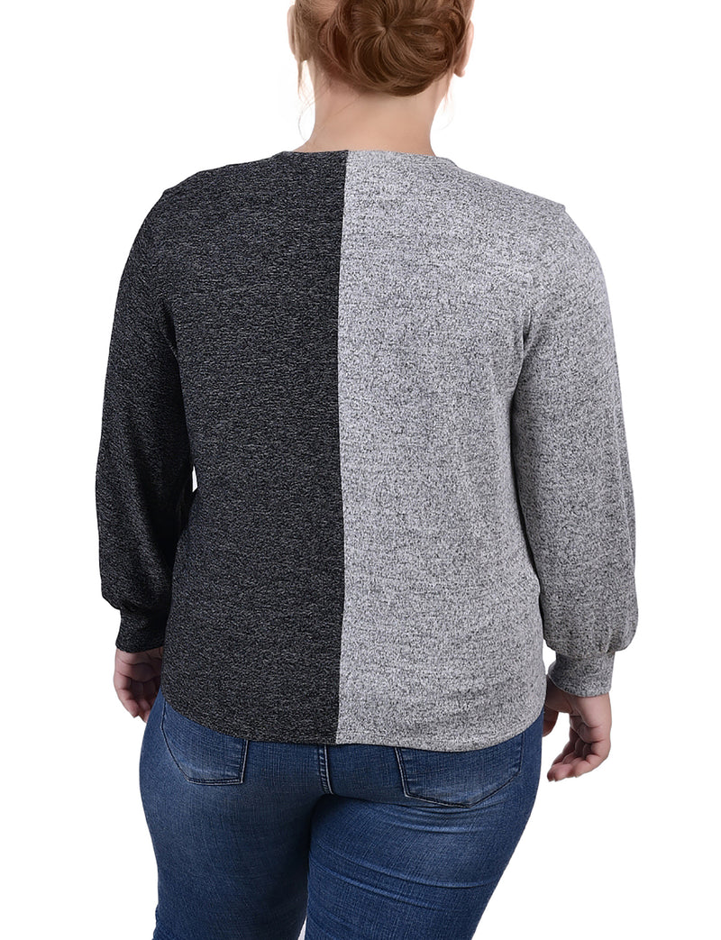 Plus Size Long Sleeve Twist Front Colorblocked Top