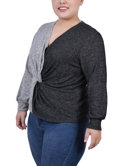 Plus Size Long Sleeve Twist Front Colorblocked Top