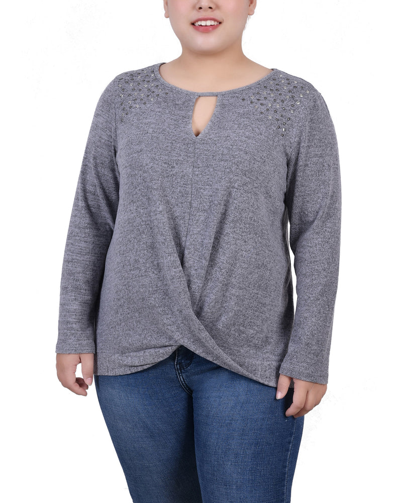 Plus Size Long Sleeve Knit Keyhole Top With Studs