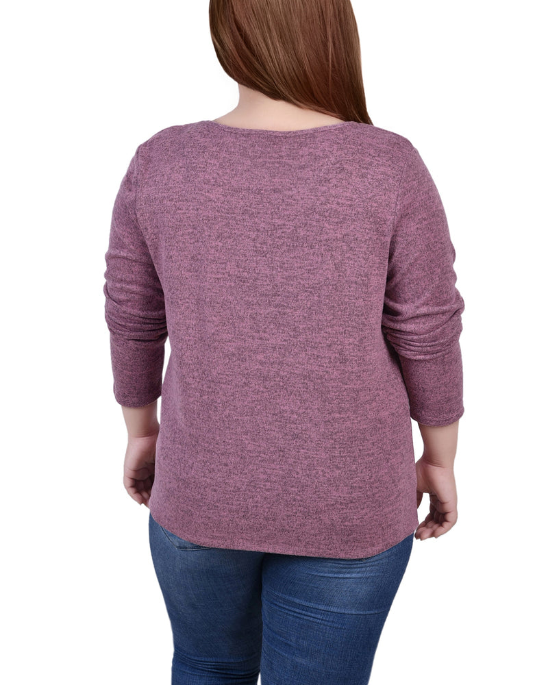 Plus Size Long Sleeve Knit Keyhole Top With Studs