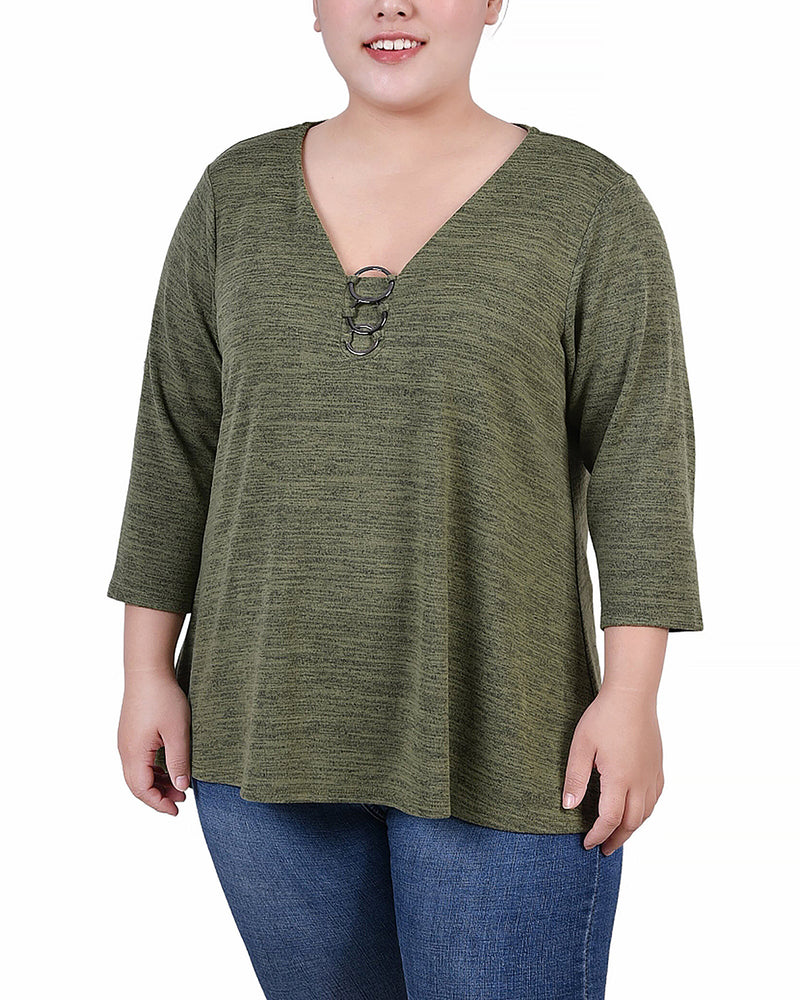 Plus Size 3/4 Sleeve 3-Ring Top
