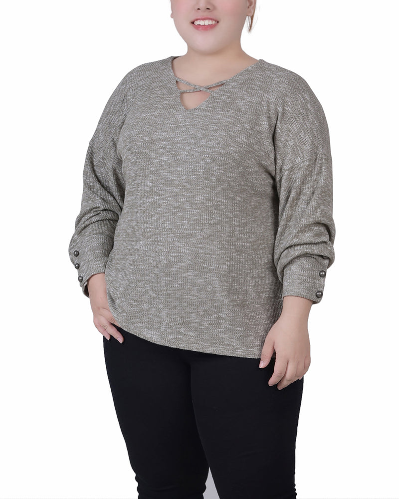 Plus Size Long Sleeve Criss Cross Neck Pullover Top
