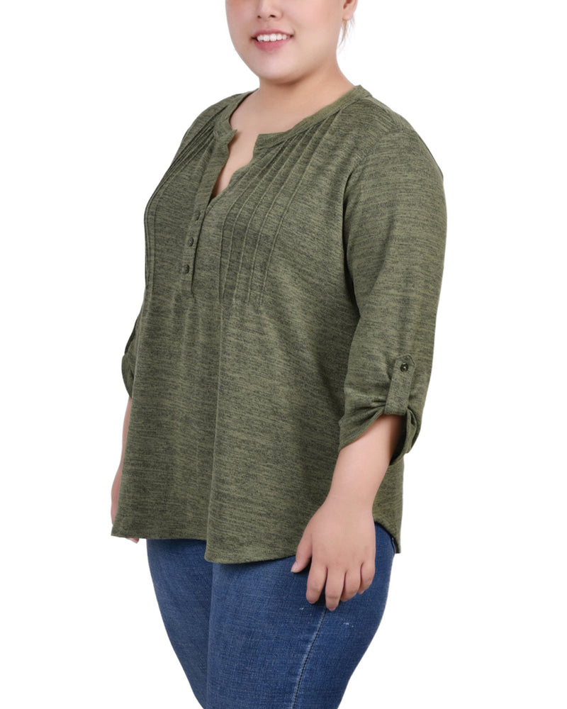 Plus Size 3/4 Roll Tab Sleeve Y Neck Top