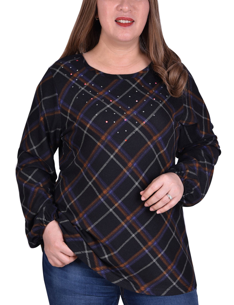 Plus Size Plaid Pullover Top With Elastic Cuff