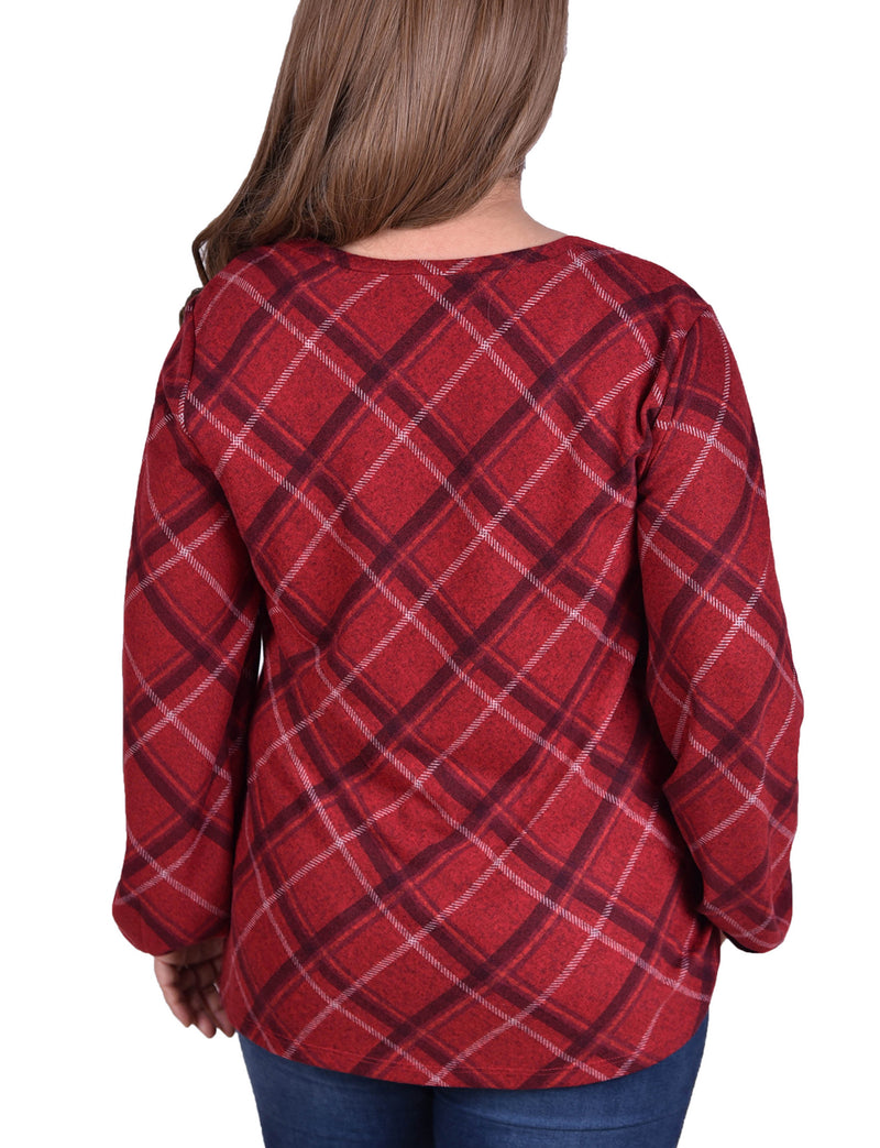 Plus Size Plaid Pullover Top With Elastic Cuff