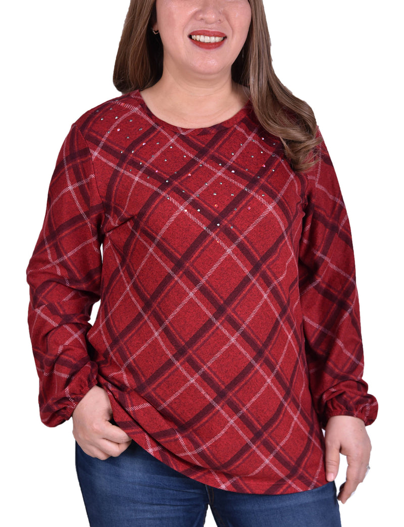 Plus Size Plaid Pullover Top With Elastic Cuff
