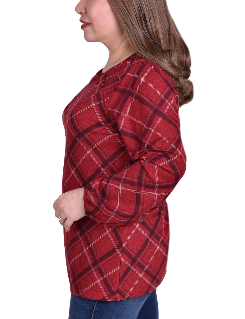Plus Size Plaid Pullover Top With Elastic Cuff