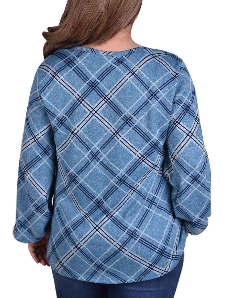 Plus Size Plaid Pullover Top With Elastic Cuff