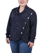 Plus Size Long Sleeve Overlapping Cowl Neck Top