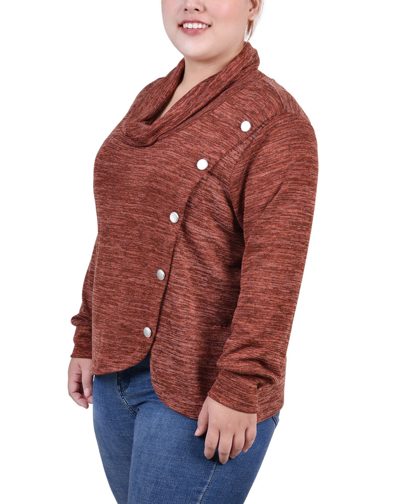 Plus Size Long Sleeve Overlapping Cowl Neck Top