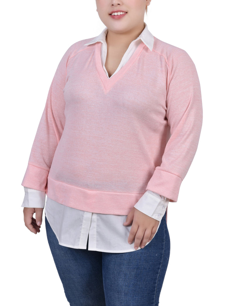 Plus Size Long Sleeve Two-Fer Top