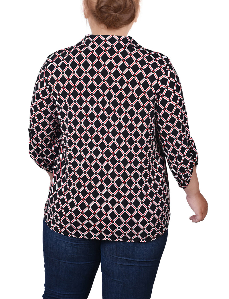 Plus Size 3/4 Roll Tab Sleeve Studded Y Neck Top