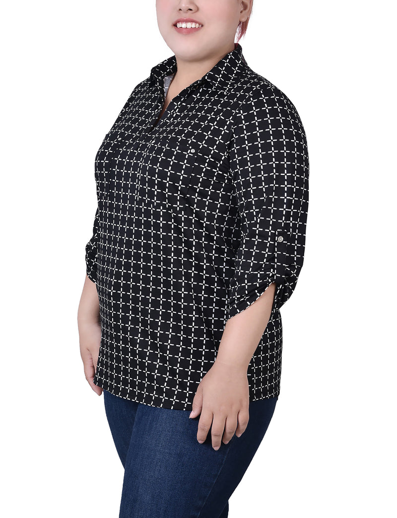 Plus Size 3/4 Roll Tab Sleeve Studded Y Neck Top