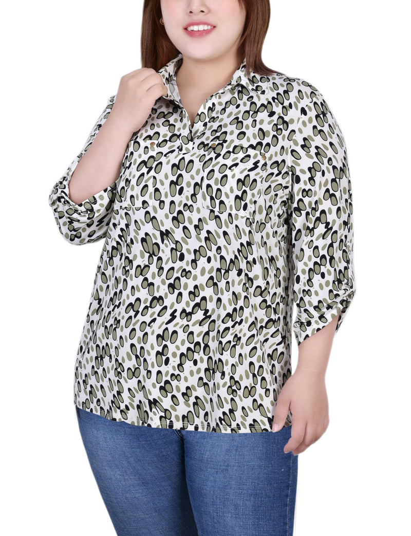 Plus Size 3/4 Roll Tab Sleeve Studded Y Neck Top