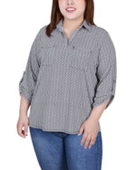 Plus Size 3/4 Roll Tab Sleeve Studded Y Neck Top