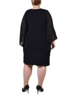 Plus Size Long Sleeve Surplice Dress With Cold Shoulder Studded Chiffon Sleeve