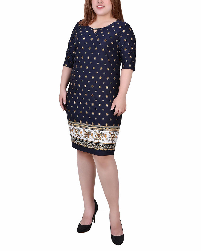 Plus Size Elbow Sleeve Knee Length Dress With Hardware
