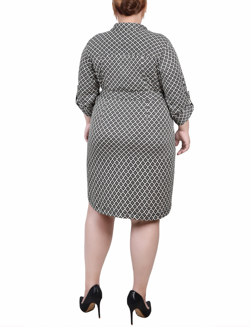 Plus Size Belted Roll Tab Zip Front Shirtdress