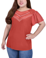 Plus Size Studded Short Flutter Sleeve Top With Mesh Details
