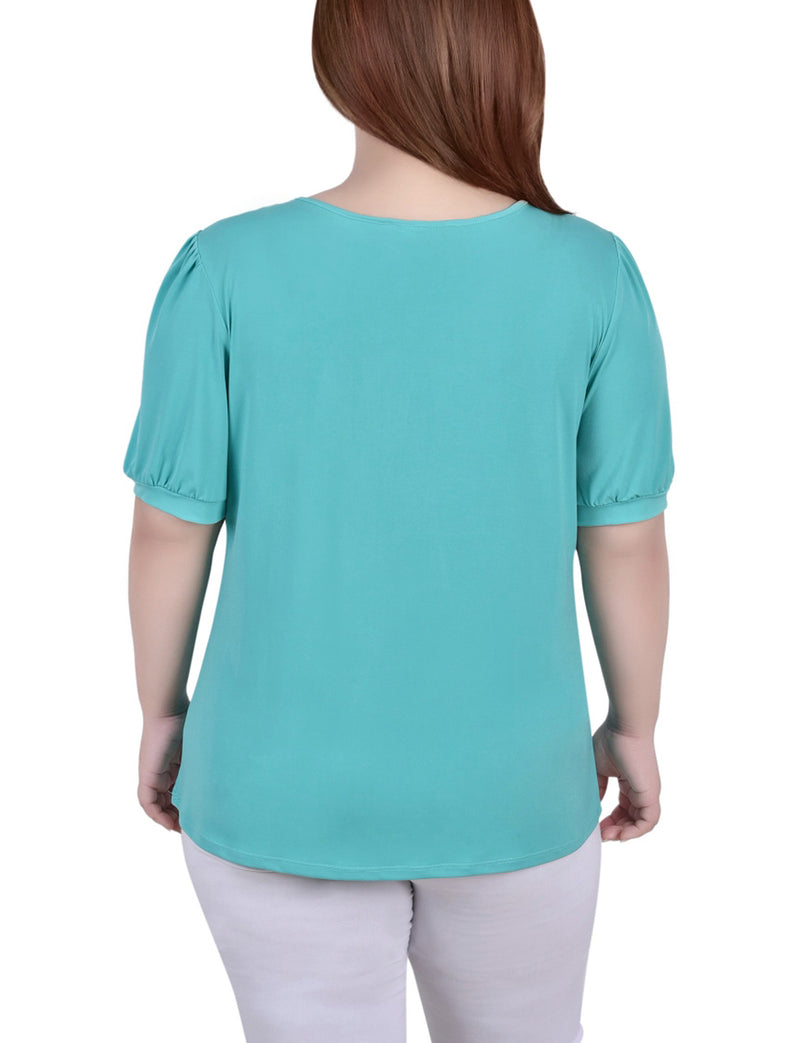 Plus Size Short Puff Sleeve Sheer Inset Top