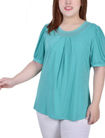 Plus Size Short Puff Sleeve Sheer Inset Top