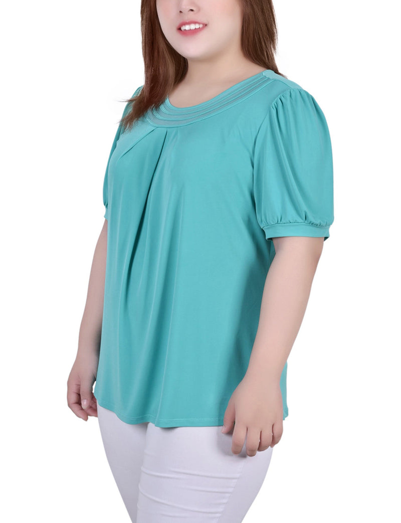 Plus Size Short Puff Sleeve Sheer Inset Top
