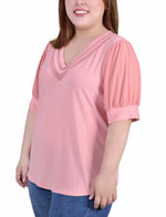 Plus Size Short Puff Sleeve V Neck Top