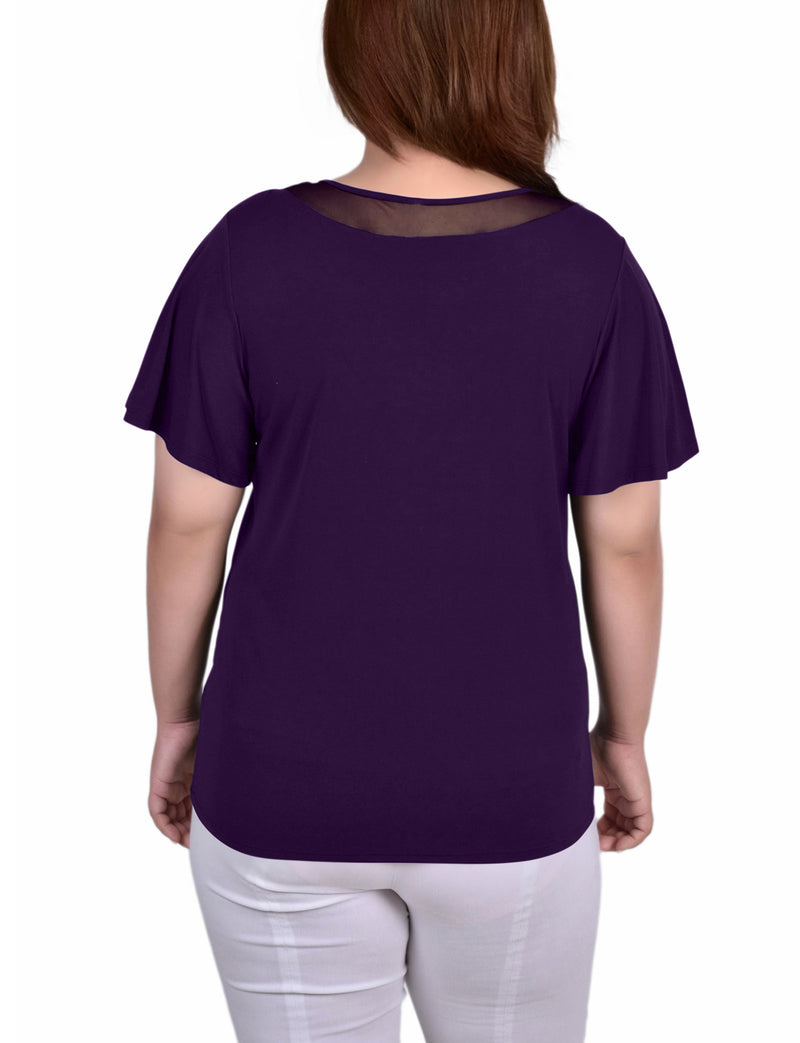 Plus Size Short Sleeve Knit Top With Sheer Inset