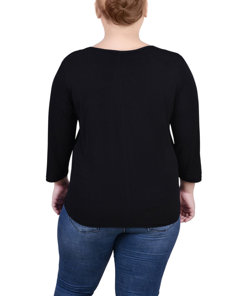 Plus Size 3/4 Sleeve Top With Illusion Neckline and Stones