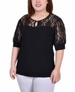 Plus Size Short Puff Sleeve Top With Lace Sleeves And Yoke