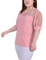 Plus Size Short Puff Sleeve Top With Lace Sleeves And Yoke