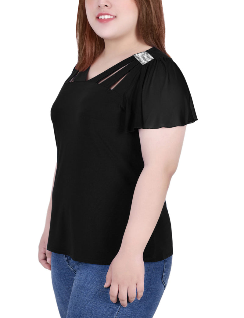 Plus Size Short Flutter Sleeve Top With Cutouts and Stones