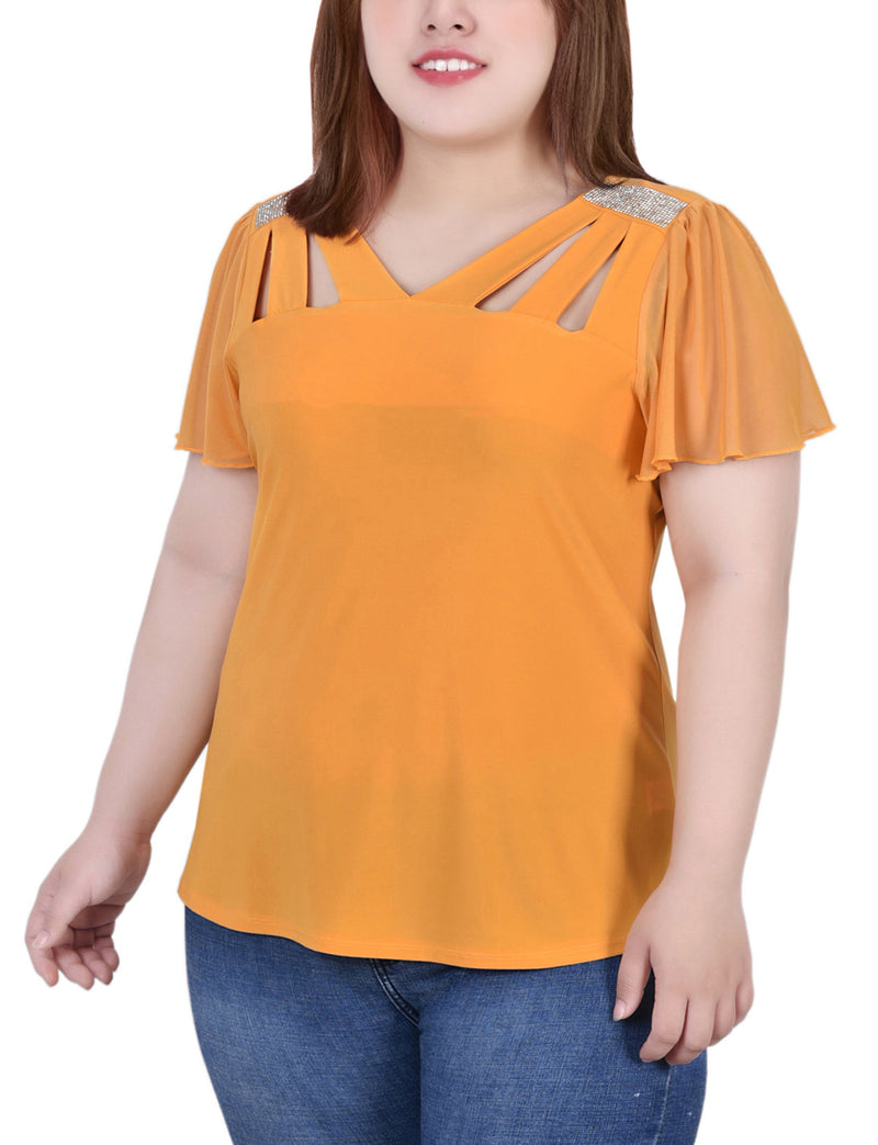 Plus Size Short Flutter Sleeve Top With Cutouts and Stones