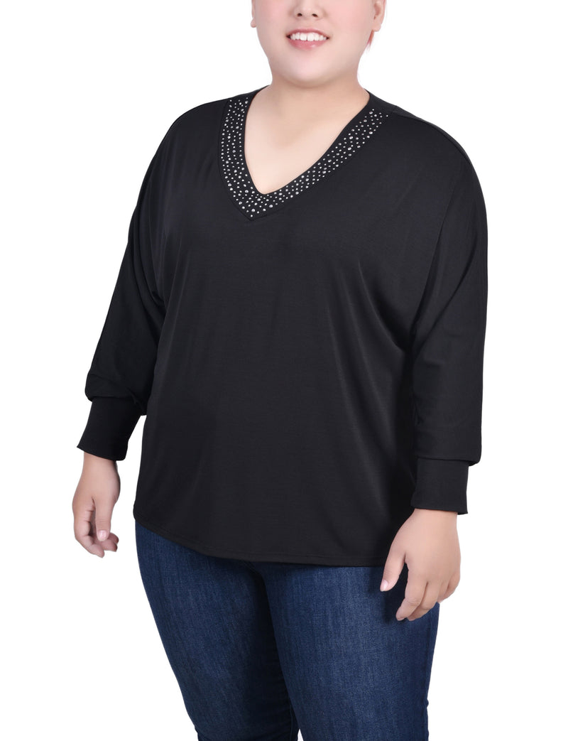 Plus Size Long Sleeve Studded Top