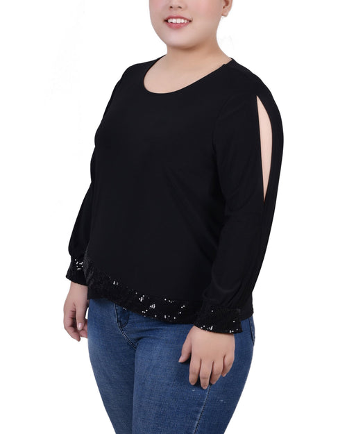 Plus Size Long Sleeve Knit Top With Sequin Hem