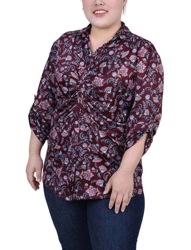 Plus Size 3/4 Roll Tab Rouched-Front Top