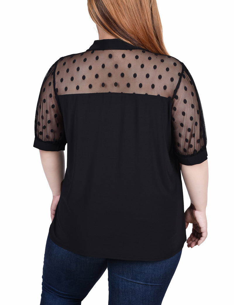 Plus Size Short Sleeve Top With Dotted Mesh