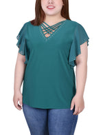 Plus Size Flutter Sleeve Top With Criss Cross Strips