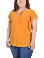 Plus Size Flutter Sleeve Top With Criss Cross Strips