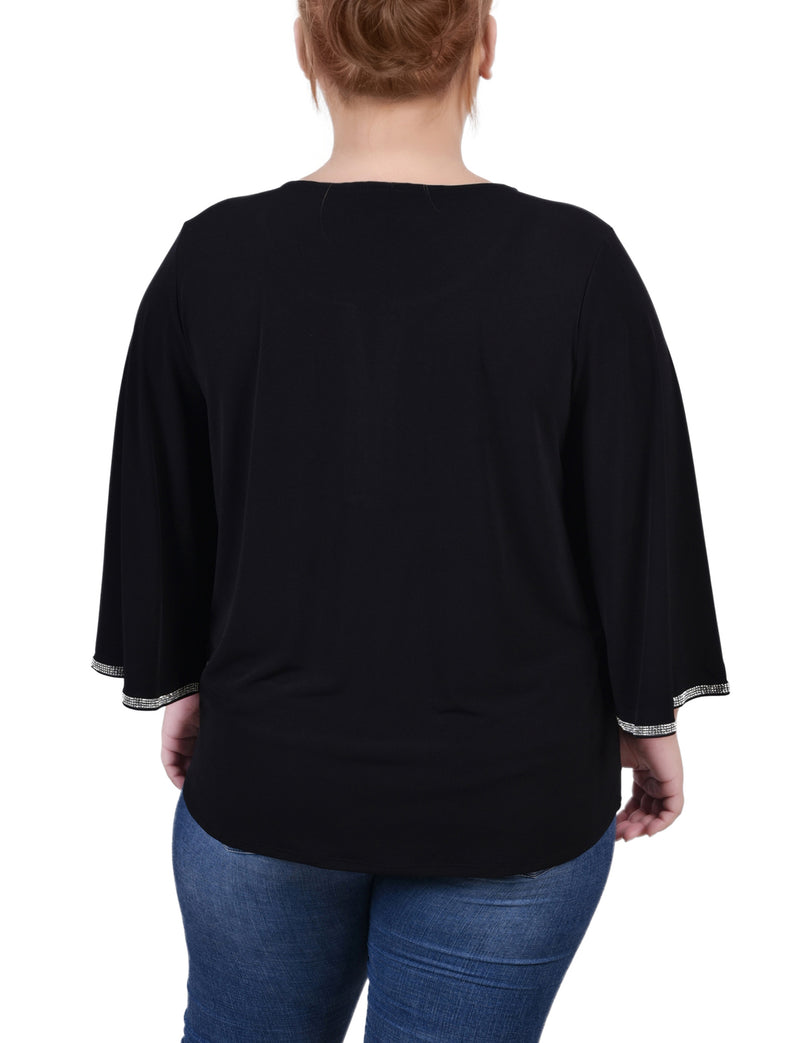 Plus Size 3/4 Bell Sleeve Top With Stones