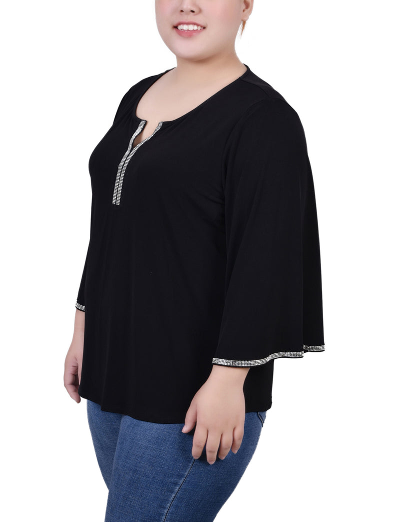 Plus Size 3/4 Bell Sleeve Top With Stones