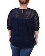 Plus Size Rouched Sleeve Lace Top
