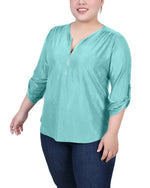 Plus Size 3/4 Roll Tab Zip Front Jacquard Knit Top