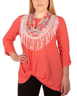 Plus Size 3/4 Ruched Sleeve Knot Top With Tassel Scarf
