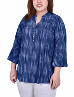 Plus Size 3/4 Bell Sleeve Pleat Front Y Neck Top