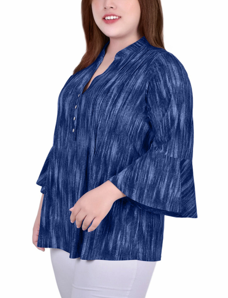 Plus Size 3/4 Bell Sleeve Pleat Front Y Neck Top